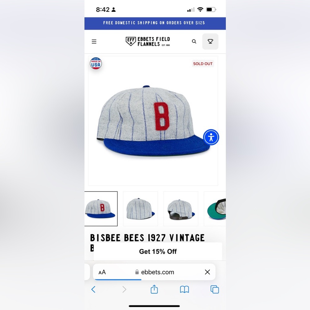 Bisbee Bees 1927 vintage Ballcap Ebbets Field Flannels